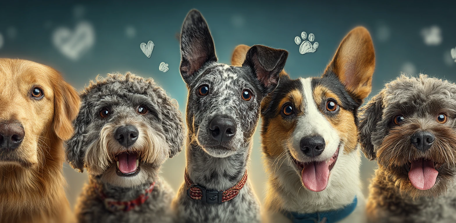 Five smiling dogs of different breeds with hand-drawn hearts and paw prints floating above them — the spirit of Glowpath Apps.